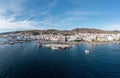 Tinos island Hora town Greece Cyclades. Aerial drone view of port Aegean sea, summer vacation Royalty Free Stock Photo