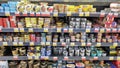 Tins of canned fish for sale in a supermarket