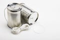 Tins cup telephone with rope connecting on white background , Kids phone Royalty Free Stock Photo