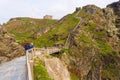 View of Tintagel Island and legendary Tintagel castle. Royalty Free Stock Photo