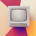 Tinted image of a small retro monitor on a colored background.