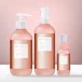 Tinted Plastic Spray, Pump Bottle and Serum Bottle Package Set with Metallic Rose Gold Wrapping Label. Transparent White