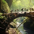 A group of bugs walking on a bridge