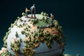 Tiny adventurers Miniature figures on a globe, making their way