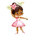 Tiny African American Ballerina Baby Girl Character Dancing Wearing Pink. Elegant Little Girl Child Posing Training