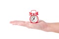 Tiny alarm clock in hand Royalty Free Stock Photo