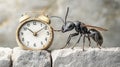 Tiny ant interacts with a small antique clock Royalty Free Stock Photo
