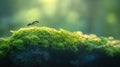 Tiny ant on mossy rock, bathed in sunlight Royalty Free Stock Photo