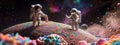 Tiny astronauts explore sprinkle galaxy on cupcake planet Royalty Free Stock Photo