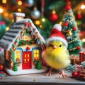 a tiny bird standing next to a small house with presents around it