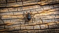 A tiny black ant-like creature crawls across a weathered wooden surface. Generative AI Royalty Free Stock Photo
