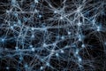 Tiny blue dots scatter against a deep black background, interconnected by delicate glowing lines that evoke the mystery