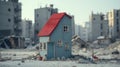 Tiny blue home still standing in war torn city, apocalyptic destroyed concrete buildings - generative AI