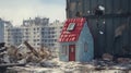 Tiny blue home still standing in war torn city, apocalyptic destroyed concrete buildings - generative AI