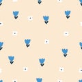 Tiny blue and white flowers hand drawn vector illustration. Cute floral seamless pattern for kids. Royalty Free Stock Photo