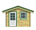 Tiny boarded garden house, small wooden hovel, plank gardening cabin facade