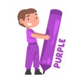 Tiny Boy Holding Huge Purple Pencil, Cute Kid Wearing Purple Clothes Drawing with Large Crayon Cartoon Style Vector