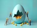 Tiny builders in yellow hard hats, orange vests construct large pastel blue Easter egg. Use ladders to work on huge egg statue Royalty Free Stock Photo