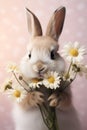 A tiny bunny clutching a posy of daisies