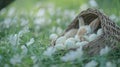 A tiny bunny curled up and sleeping inside a rustic wicker basket, surrounded by pastel-colored Easter eggs on soft Royalty Free Stock Photo