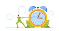 Tiny Business Man Pull Arrows of Huge Alarm Clock, Male Character Rushing To Work Trying To Stop or Back Time, Deadline