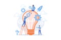 Tiny business people generating ideas and holding gears at big light bulb. Idea management, alternative thinking,