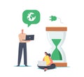 Tiny Business People at Huge Hourglass with Green Sand and Earth Globe. Refresh and Renew Concept, Restart Project Royalty Free Stock Photo