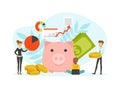 Tiny Business People and Huge Piggy Bank, Finance Investment and Planning Concept, Accounting and Auditing Service Flat