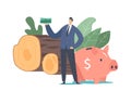 Tiny Businessman Character Holding Dollars Pile Stand at Huge Piggy Bank and Wood Logs. Biological Alternative Fuel