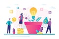 Tiny businesspeople grows business idea. Business characters invest in new idea. Concept making money. Teamwork, development Royalty Free Stock Photo