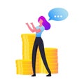 Tiny Businesswoman Character Stand at Huge Golden Coins Pile with Speech Bubble. Upsell, Money Investment, Refinance