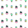 Tiny cactus and succulent seamless pattern. Green plants pattern tile