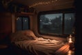 Tiny camper cozy bedroom interior nighttime. Generate ai