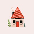 Tiny cartoon fairy house. Cute small cottage with chimney and smoke, hand drawn rural village home building. Vector flat Royalty Free Stock Photo