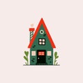 Tiny cartoon house. Cute small cottage with chimney, hand drawn graphic of rural estate building with garden. Vector