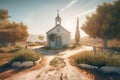 Tiny chapel standing crossroads in heart of nature. Generate ai