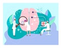 Tiny character doctor male hold magnifying glass research human brain flat vector illustration. Biology therapeutic