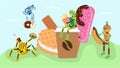 Tiny character robot artificial intelligence eat sweetness, delivery sweet food flat vector illustration. Modern drone Royalty Free Stock Photo