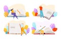 Tiny character woman hold magnifying glass read book, man writing material, education stuff flat vector illustration