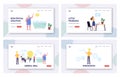 Tiny Characters around Huge Light Bulb Searching Idea Landing Page Template Set. Business Team Search Insight Project