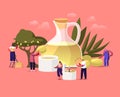 Tiny Characters around Huge Olive Oil Glass Jug Growing, Collecting and Pressing Green Fresh Olives Natural Production