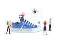 Tiny Characters around Huge Sneaker, Frightened People Afraid of Spiders, Suffer of Arachnophobia Psychological Problem