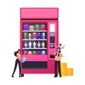 Tiny Characters Buying Snacks in Vending Machine. Son Sitting on Father Shoulders Put Coin into Automate Buying Fastfood