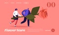 Tiny Characters Carry Huge Rose Landing Page Template. Flower Shop or Gift for Birthday Celebration, Florist Store