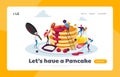 Tiny Characters Cooking and Eating Homemade Pancakes Landing Page Template. Man and Woman Wear Toques Frying Flapjacks