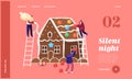 Tiny Characters Decorate Huge Christmas Gingerbread House Landing Page Template. Cookies and Sweets. Xmas Holidays Treat