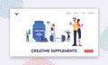 Tiny Characters Drinking Cocktail with Creatine Supplement in Gym Landing Page Template. Sportive Bodybuilding Nutrition