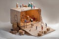Whimsical Construction of a Giant Box With Tiny Characters Working Together at a Creative Workshop Generative AI