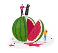 Tiny Characters Enjoying Refreshing of Huge Ripe Watermelon. Summer Time Food, Man and Woman Have Fun, Slicing Melon Royalty Free Stock Photo