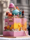 Giant Whimsical Box With Tiny Characters Joyfully Constructing Colorful World in Urban Setting Generative AI